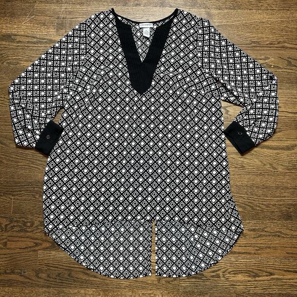 Catherines Blouse Womens 0X 14/16W Black White Geometric V Neck Tunic Top Hi Low - Picture 1 of 9